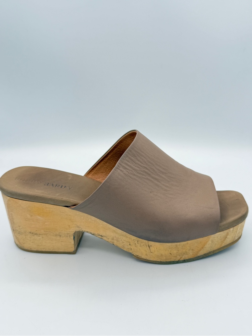 Poppy Barley Wooden Platform Clogs Open Toe Brown Leather 7.5